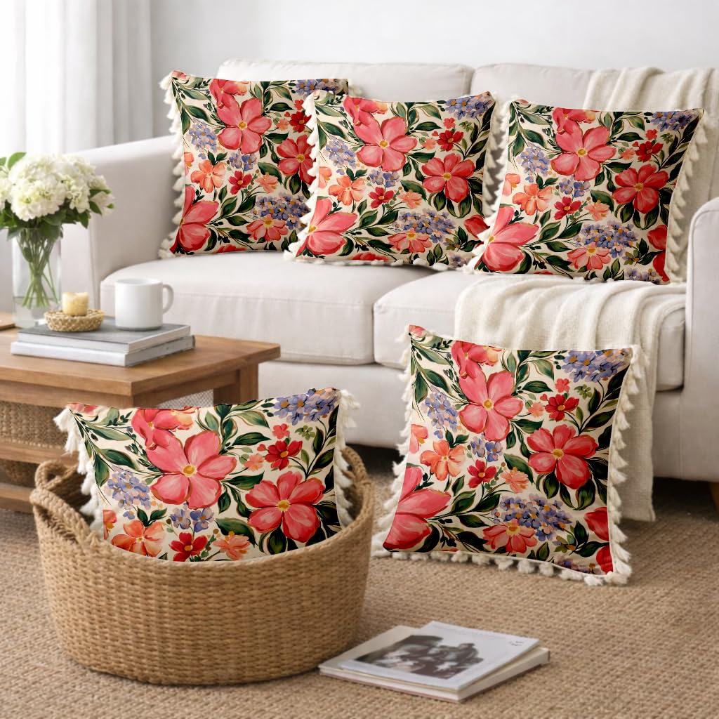 STITCHNEST 'Little Meadow Series' Tassled Cushion Cover | Set of 5 | Floral Cushion Cover 16 inch x 16 inch
