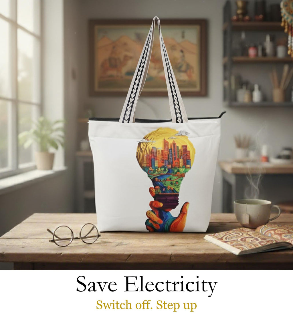 WOTM On The Move Tote | Premium Printed Cotton Canvas Tote Bag with Zipper & Inside Pocket, Stylish Everyday Travel Bag for Work, College, Office, Travel, Shopping (Save Electricity)
