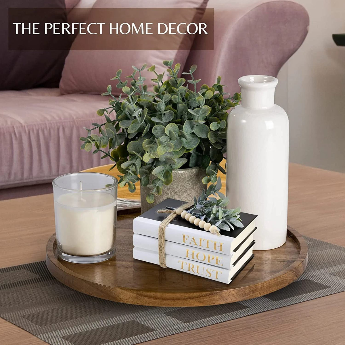 SYSI HOME Decorative Round Wooden Tray for Decor - Beautiful Acacia Wood Tray for Kitchen Dining Room Table - The Perfect Small Candle Tray for Coffee Table and Home Decor (Round)