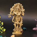 ARTVARKO Brass Four Arms Krishna Standing Playing Flute Shankh Chakra on Hand Idol Statue for Home Décor Mandir Temple Puja Gift 5.5 Inch