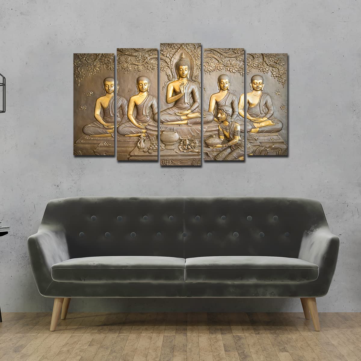 VIBECRAFTS 5 Pieces Buddha In Thailand Temple Canvas Wall Painting For Home|Office|Living Room|Gift (PTVC5Pcs2_6510)