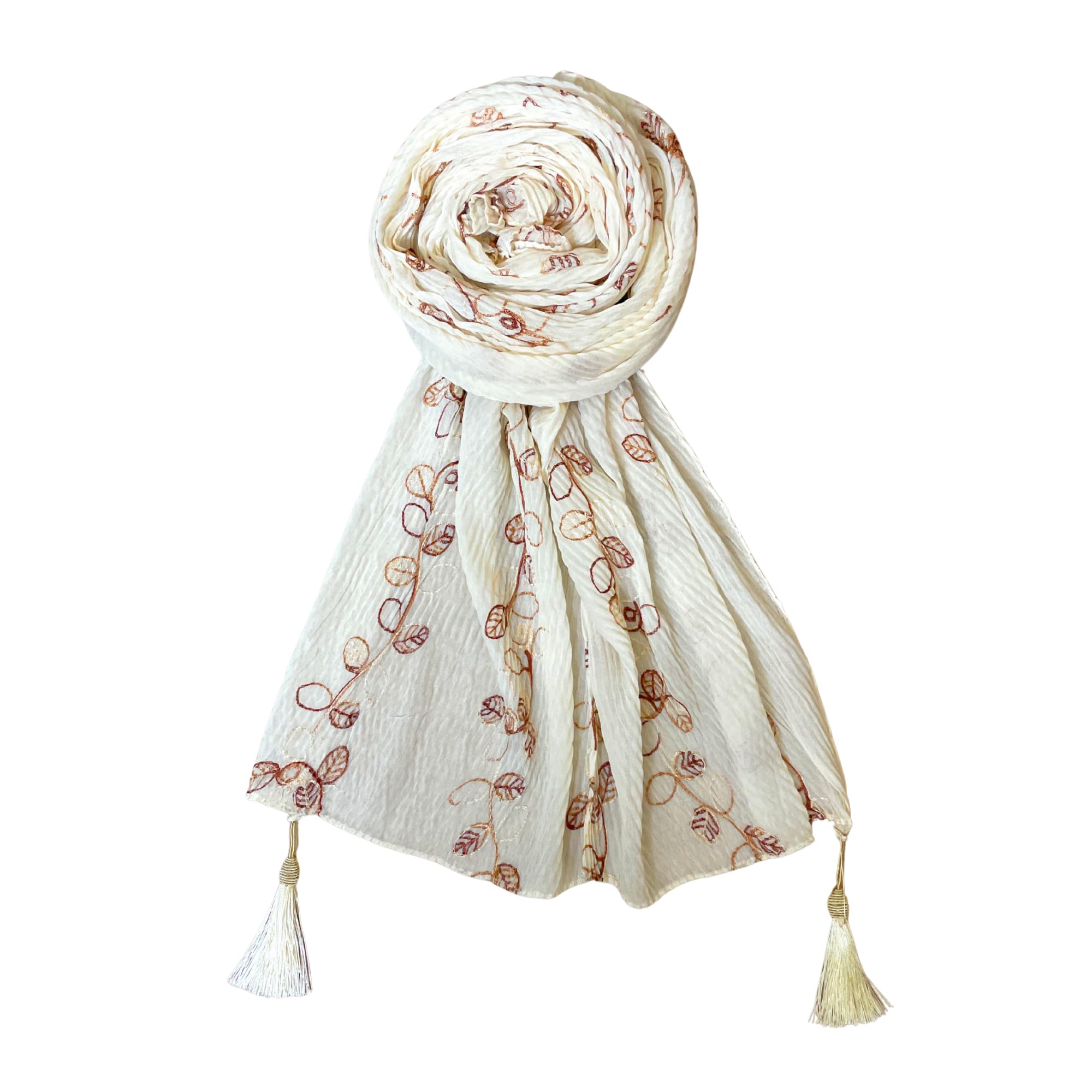 FAHABO Scarf for Women Stylish Pleated Viscose Cotton with Embroidery and Tassels | Hijab Scarf | Stole | Soft, Lightweight, and Latest Scarves | 72 x 33 Inches (Fairy Tale White)