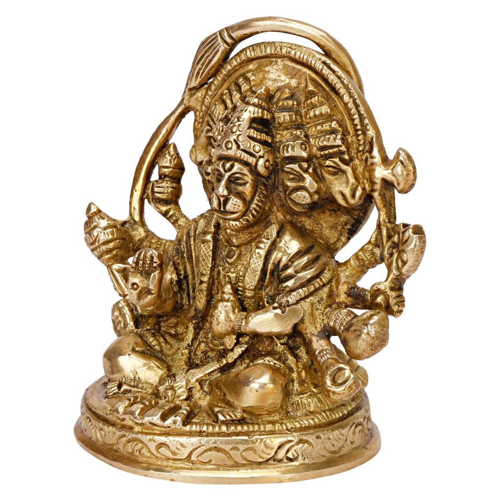 SVARUP Brass God Panchmukhi (Five Faced) Bajrangbali Sankat Mochan Hanuman Idol Statue Murti Height 3.5 Inch Gold Color