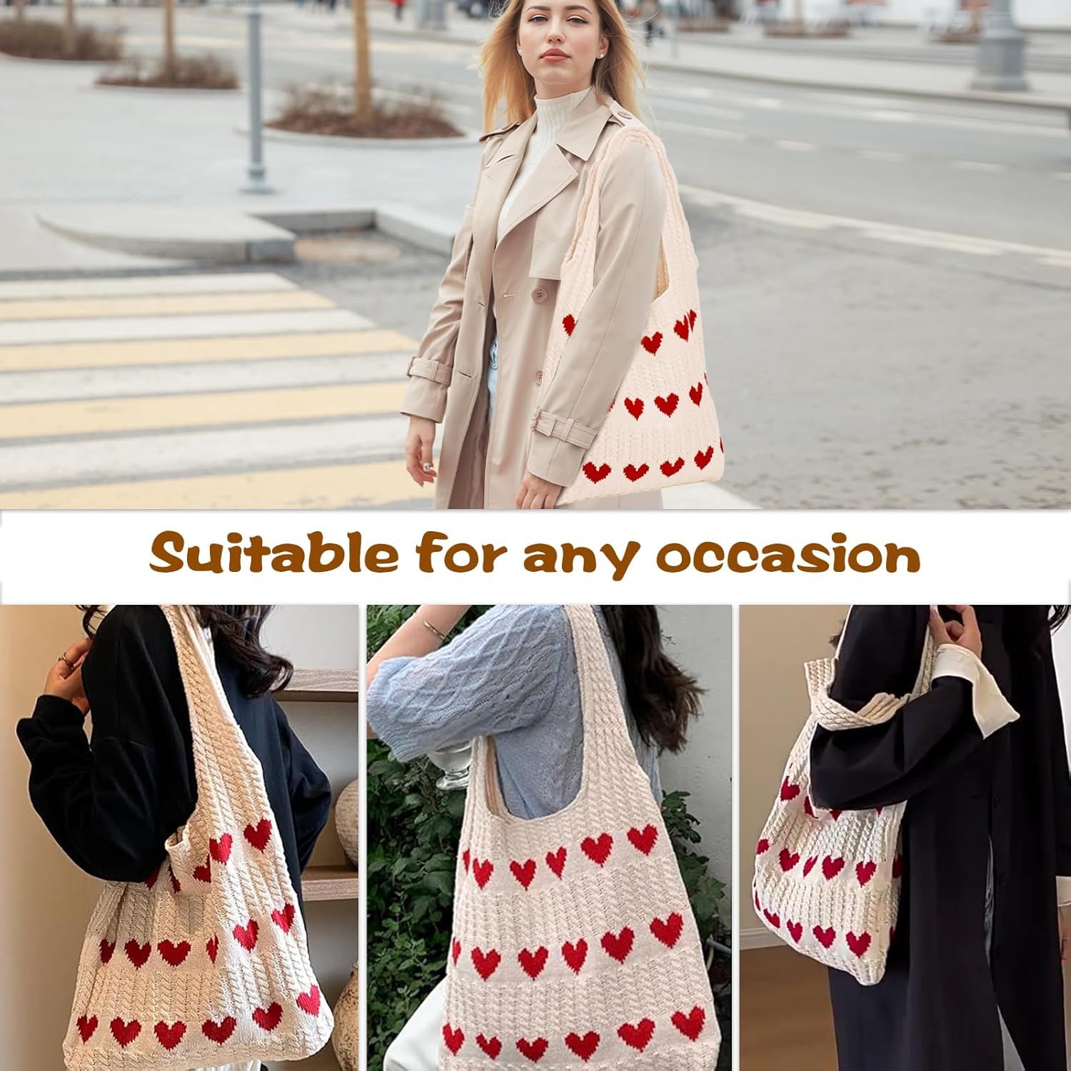 Street27 Women Korean Crochet Tote Bag Casual Work Love Hobo Shoulder Handbags | Multi-Purpose Bag |Sturdy Aesthetic Tote Bag with Large Capacity | Shopping Bag for Office, College & Daily Use(Beige)