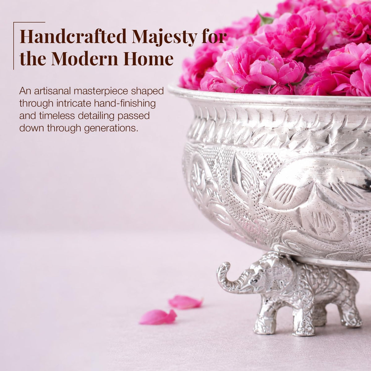 Kaari Tales Silver Decorative Metal Urli Bowl with Elephant Base | Metal Bowl for Home Entrance, Living Room, Puja Room, Housewarming, Festive Centerpiece & Diwali Decoration