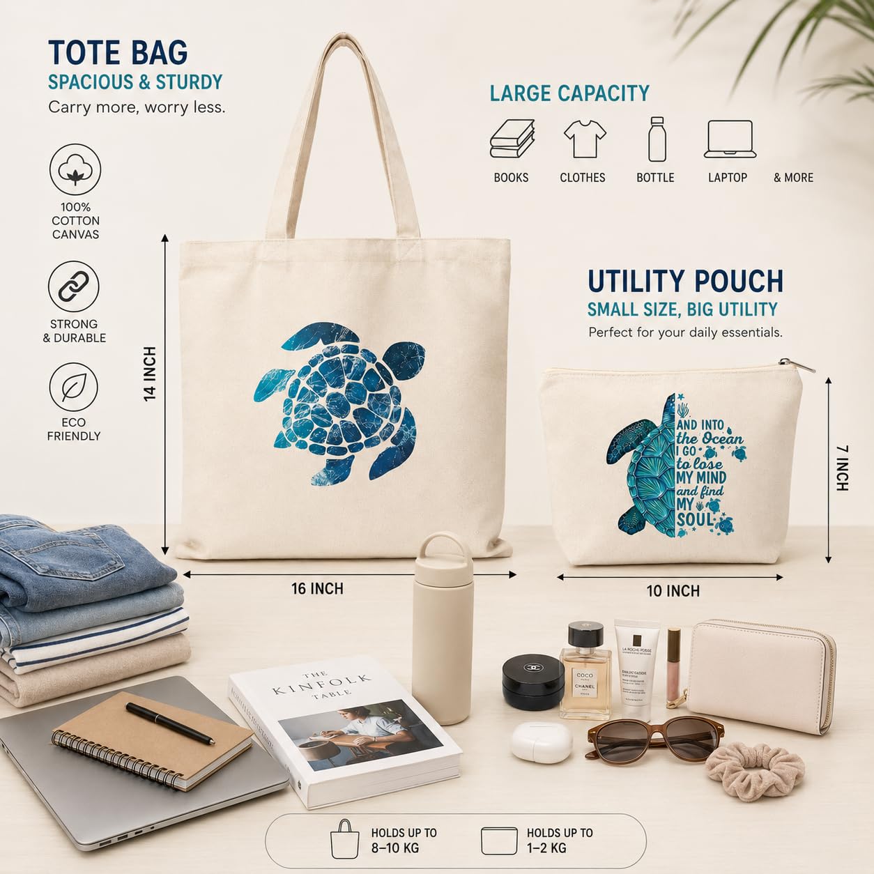 Esycarry Turtle Print Canvas Tote Bag with Matching Zipper Pouch Set for Women, Nature-Themed Cotton Shopping Tote with Organizer Pouch, Reusable Handbag for Work, Travel & Everyday Use