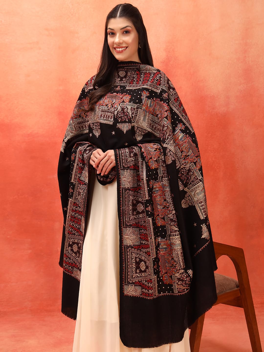 Pashmoda Women Zavian 100% Pure Wool Fabric Sozni Embroidered Shawl, Stole and Wrap, Heritage Pashmina Kashmiri Stole, Shawl, Wrap (Size: 40x80 Inches, Black Color) LIS38