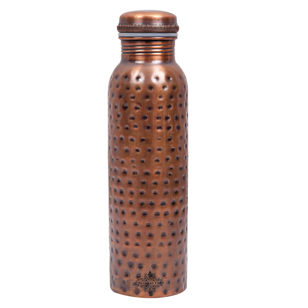 INDIAN ART VILLA Pure Copper Water Bottle with Antique Dark Hammered Design, Drinkware, Storage Purpose, Volume-900 ML