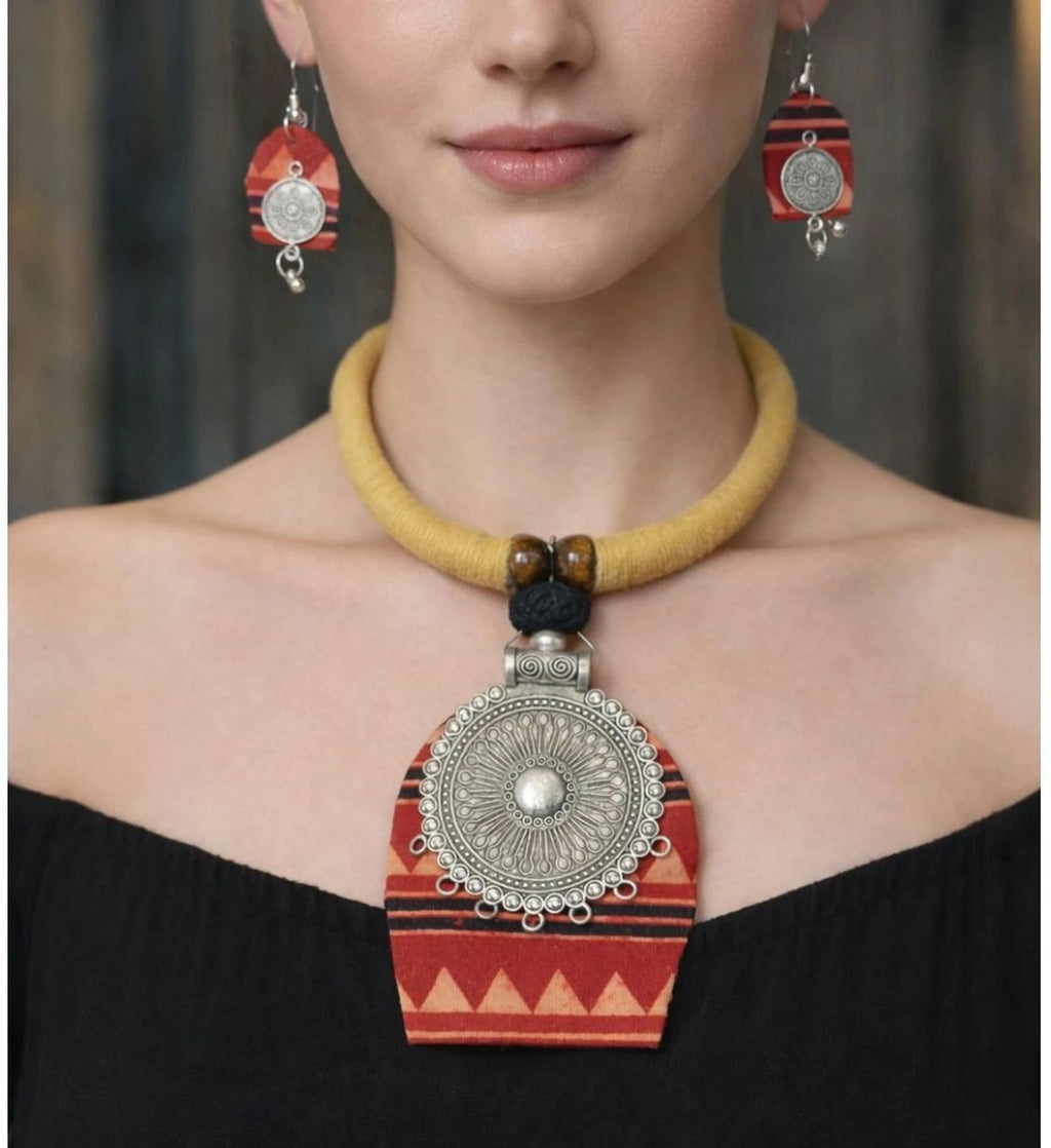 Create -hub ; By Indrani Saha Handpainted Aztec Tribal Terracotta Necklace Set for Women - Tribal Ethnic Statement Jewelry with Earrings - Lightweight Handmade Clay Jewelry