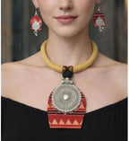 Create -hub ; By Indrani Saha Handpainted Aztec Tribal Terracotta Necklace Set for Women - Tribal Ethnic Statement Jewelry with Earrings - Lightweight Handmade Clay Jewelry