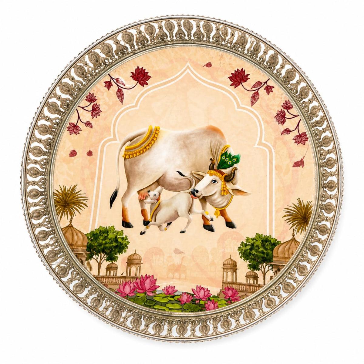 Handcrafted German Silver Pichwai Cow Design Tray 10 Inch | Round Pooja Thali | Decorative Serving Tray for Dry Fruits, Home Decor & Festive Gifting