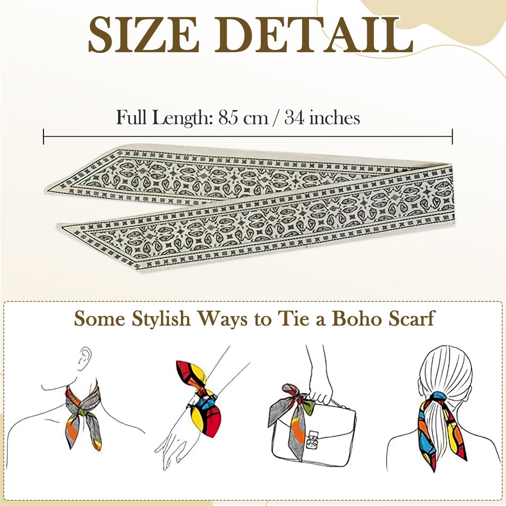 Flavizo 4PCS Silk Satin Scarves for Women, Boho Headband Hair Tie Twilly Bandana Scarf, Small Purse and Tote Bag Scarves, Multifunctional Fashion Hair Accessories