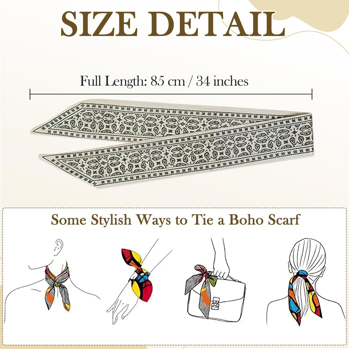Flavizo 4PCS Silk Satin Scarves for Women, Boho Headband Hair Tie Twilly Bandana Scarf, Small Purse and Tote Bag Scarves, Multifunctional Fashion Hair Accessories