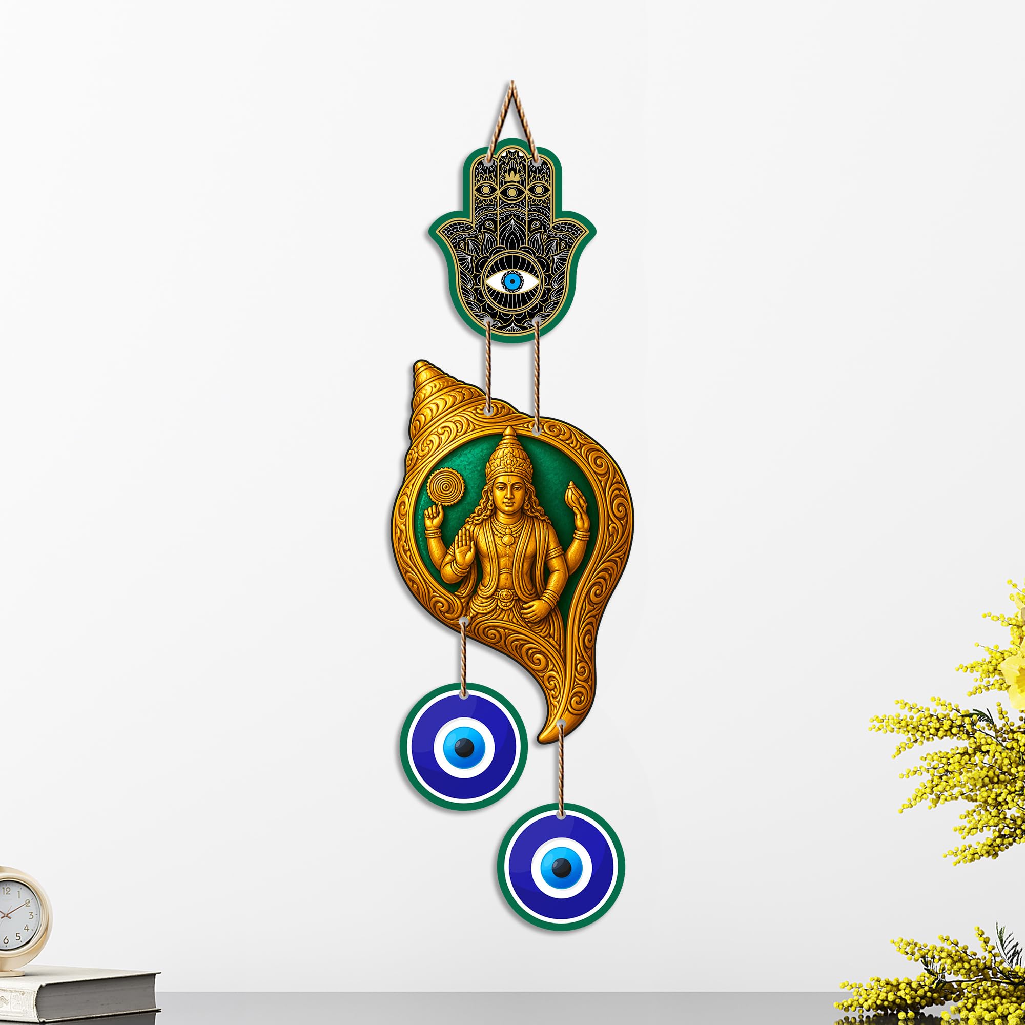 Artvibes Lord Vishnu Conch Evil Eye Wall Hanging Decor | Sacred Spiritual Protection Ornament for Home Entrance | Temple Room Accent | Nazar Battu Wall Art Gift (WH_85141N)