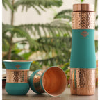 INDIAN ART VILLA Copper Drinkware Set - Pure Copper Water Bottle (1000 ML) & 2 Glasses (320 ML) in Turquoise Silk Finish, Perfect for Home, Office, Diwali, and Wedding Gifts