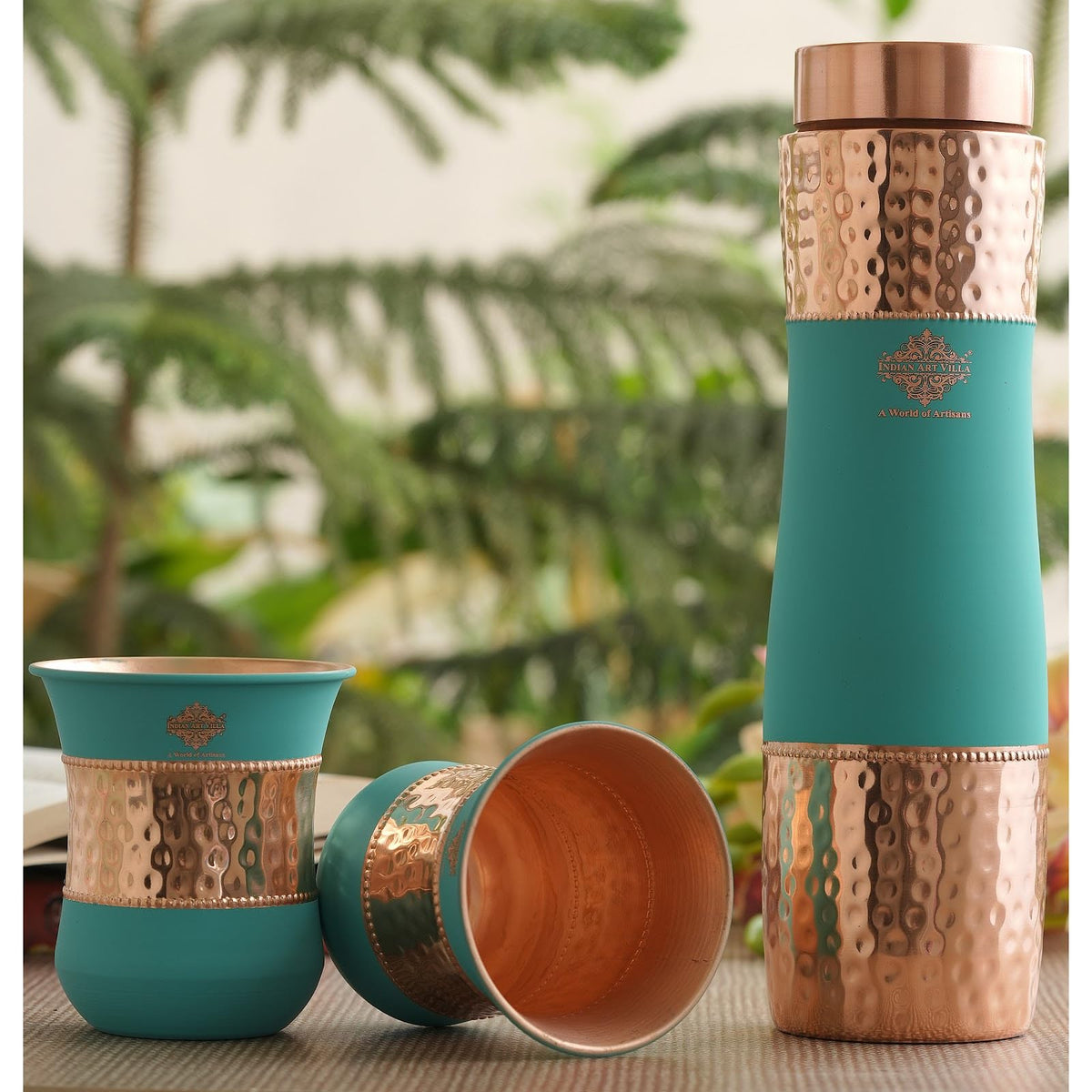 INDIAN ART VILLA Copper Drinkware Set - Pure Copper Water Bottle (1000 ML) & 2 Glasses (320 ML) in Turquoise Silk Finish, Perfect for Home, Office, Diwali, and Wedding Gifts