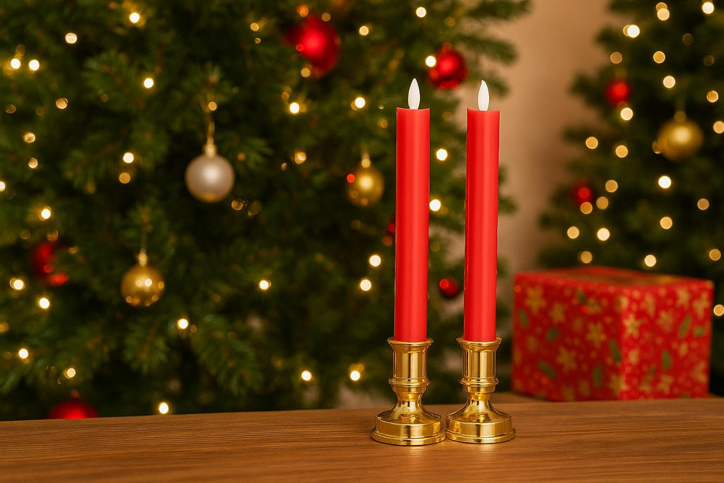 Tia Crafts LED Tapper Candles with Golden Holders, Realistic Warm Glow, Christmas and Wedding Decoration, Set of 4 (2 Red)