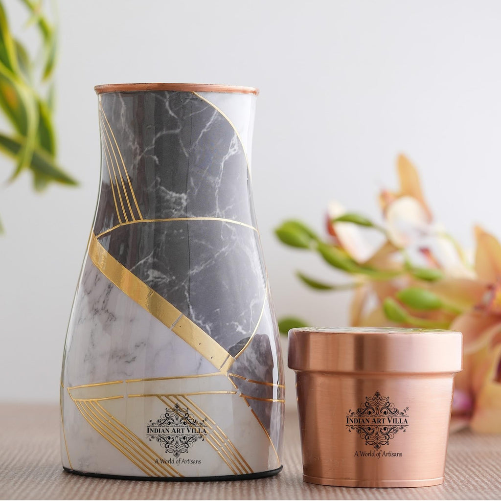 INDIAN ART VILLA Gold Marble Print Copper Water Bedroom Bottle, Designer Copper Drinkware, Volume- 950 ML