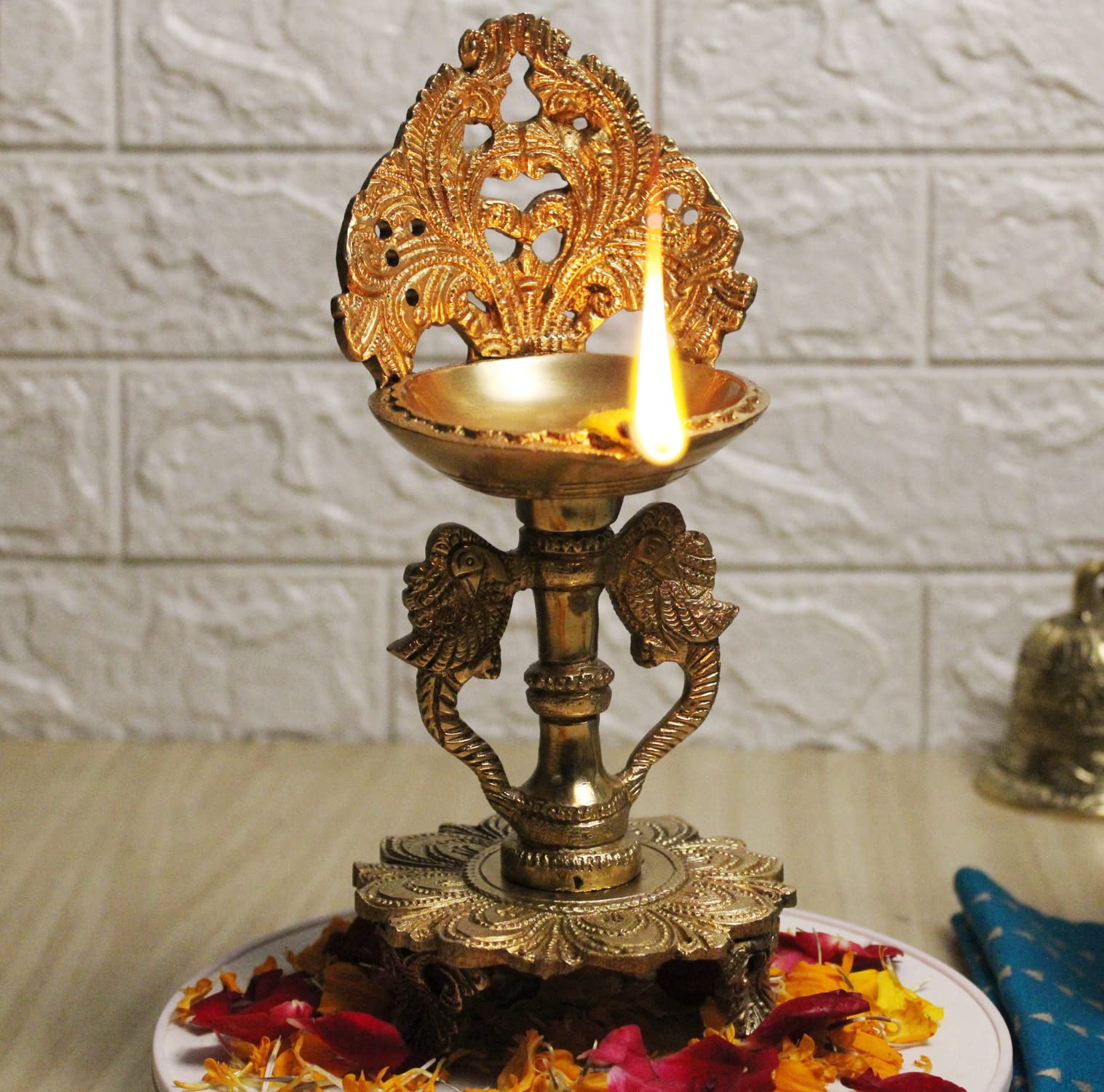ARTVARKO Brass Double Peacock Designer Diya Showpiece Oil Lamp Deepak with Wick for Diwali Puja Pooja Lights, Home Decoration, Gifts, Festivals 9 Inch