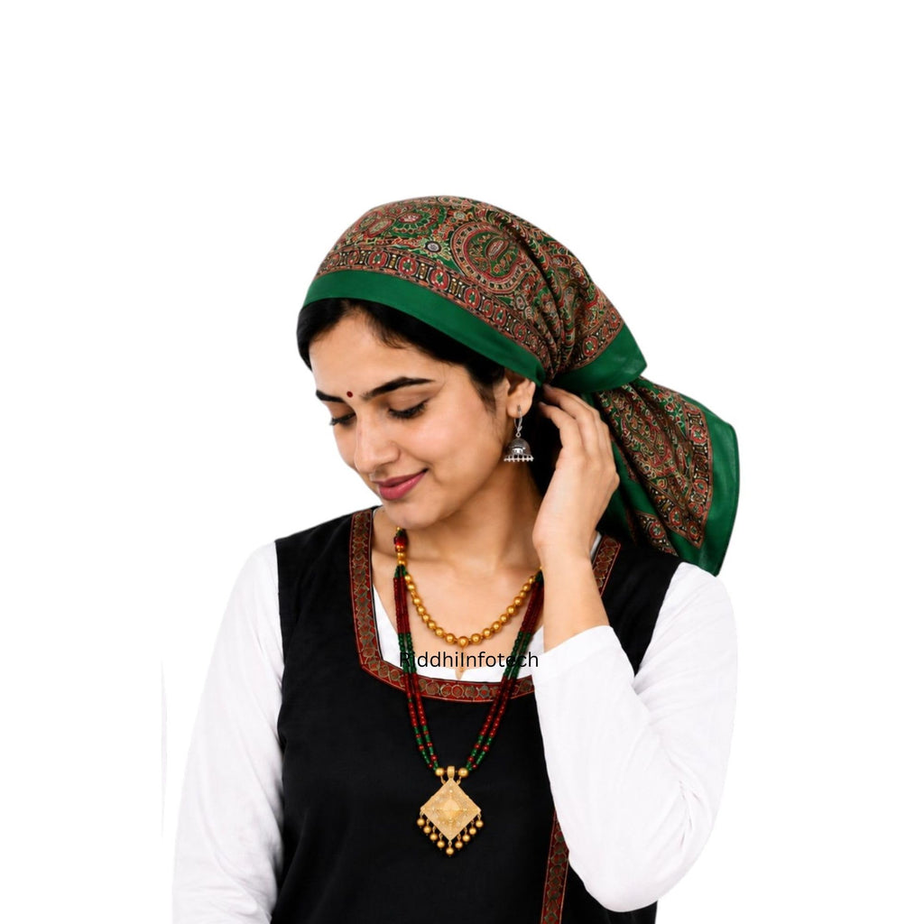 RiddhiInfotech Uttarakhand Pahadi Printed Square Scarf for Women | 26 x 26 Inch Traditional Head Scarf | Vintage Hair Wrap, Bandana, Neck Scarf & Stylish Fashion Accessory | Multicolour