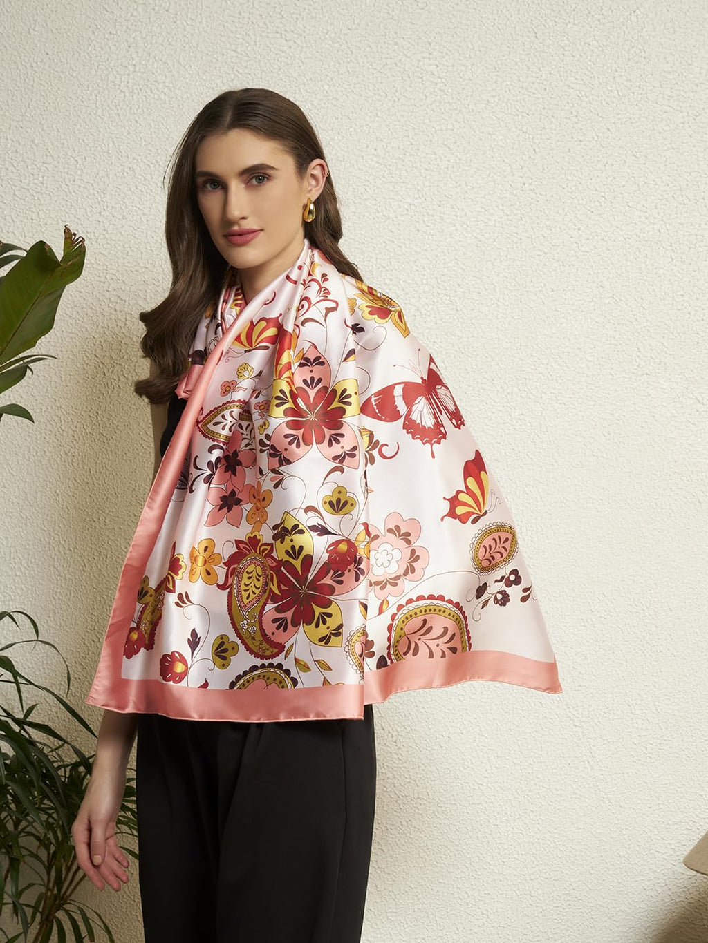 Ravaiyaa - Attitude is everything Women Silk Digital Print Large Square Scarf Breathable Lightweight Neckerchief Printed Headscarf 40 x 40 Inch (Off White Butterfly & Paisley)