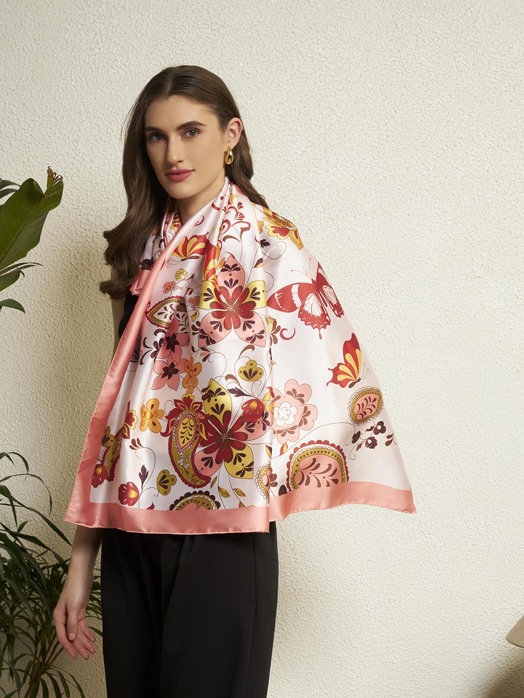 Ravaiyaa - Attitude is everything Women Silk Digital Print Large Square Scarf Breathable Lightweight Neckerchief Printed Headscarf 40 x 40 Inch (Off White Butterfly & Paisley)
