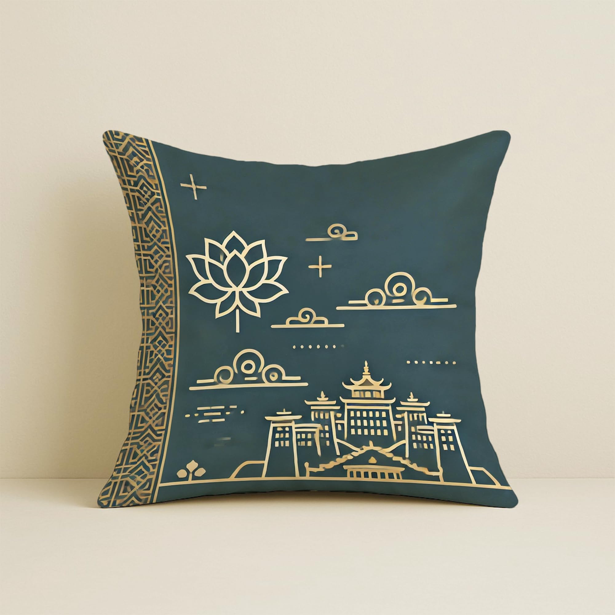 STITCHNEST Satin Cushion Covers with, Lotus & Gold Detailing – 24x24 Inch Decorative Pack of 2 for Living Room, Drawing Room, or Modern Ethnic Home Decor