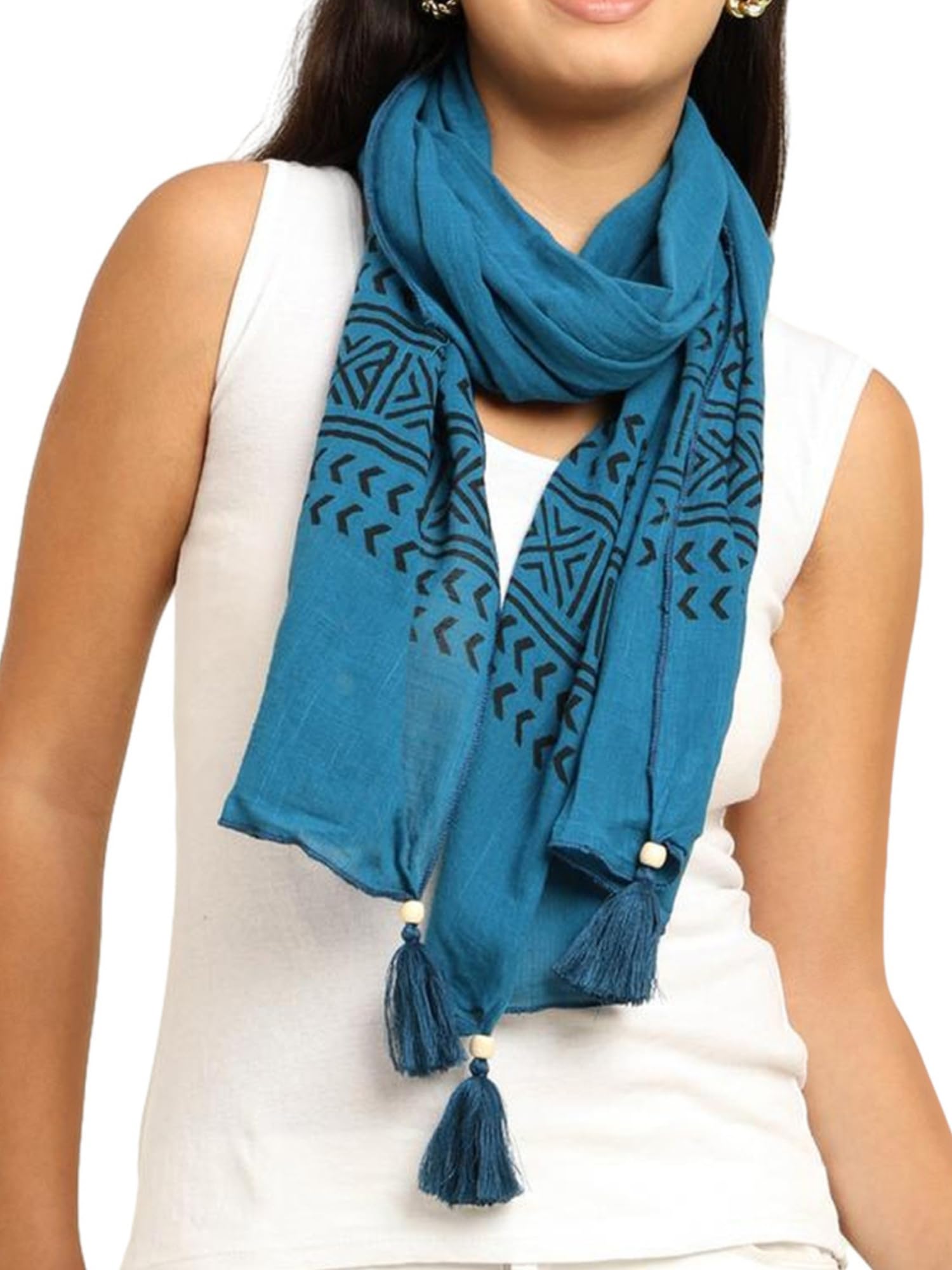 KE KANHA EXPORTS Stole for Women | Cotton Scarf for Women Stylish Boho Block Print Border with Tassels | Soft Lightweight Summer Beach Head Wrap | 180 x 50 cm