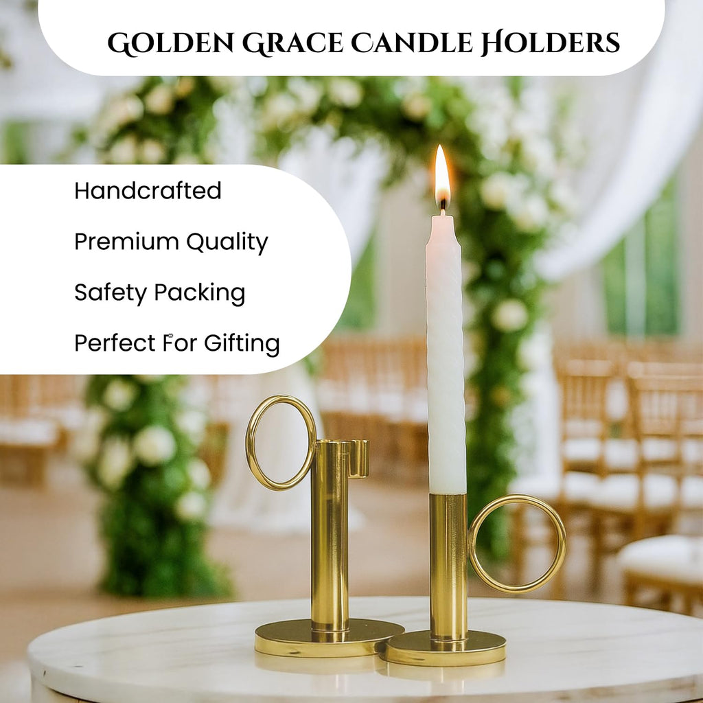 Nostrae by Ekhasa Metal Candle Holder Stand (Set of 2) | Golden Metal Candle Stand for Home & Dining Table Decoration | Aesthetic Candle Holder for Living Room, Festivals & Gifting (Without Candle)