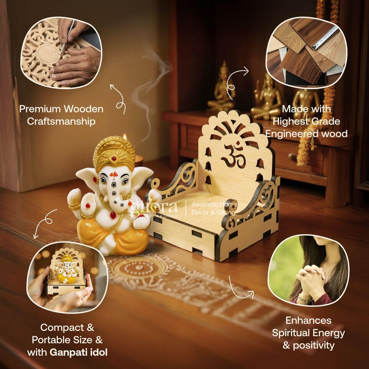 Gifora Mini Wooden Singhasan with Ganesh Idol for Car Dashboard, Small Temple Throne for Home & Office Desk, Ganpati Idol for Gift, Pooja Singhasan for Housewarming & Festive Decor (D2)
