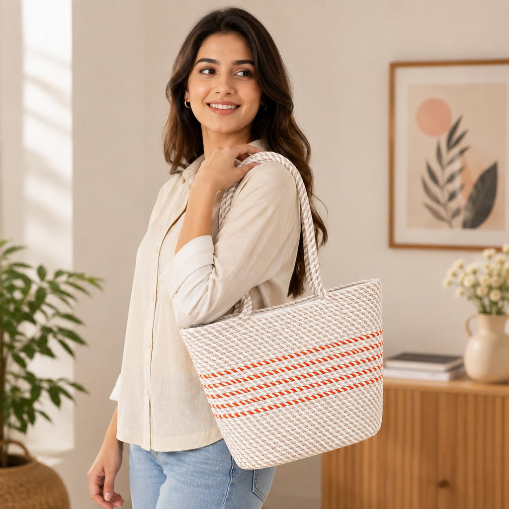 YOUD Rope Handbag | Cotton Tote Handmade Bag for Women | Woven Stylish Shopping Purse (White)