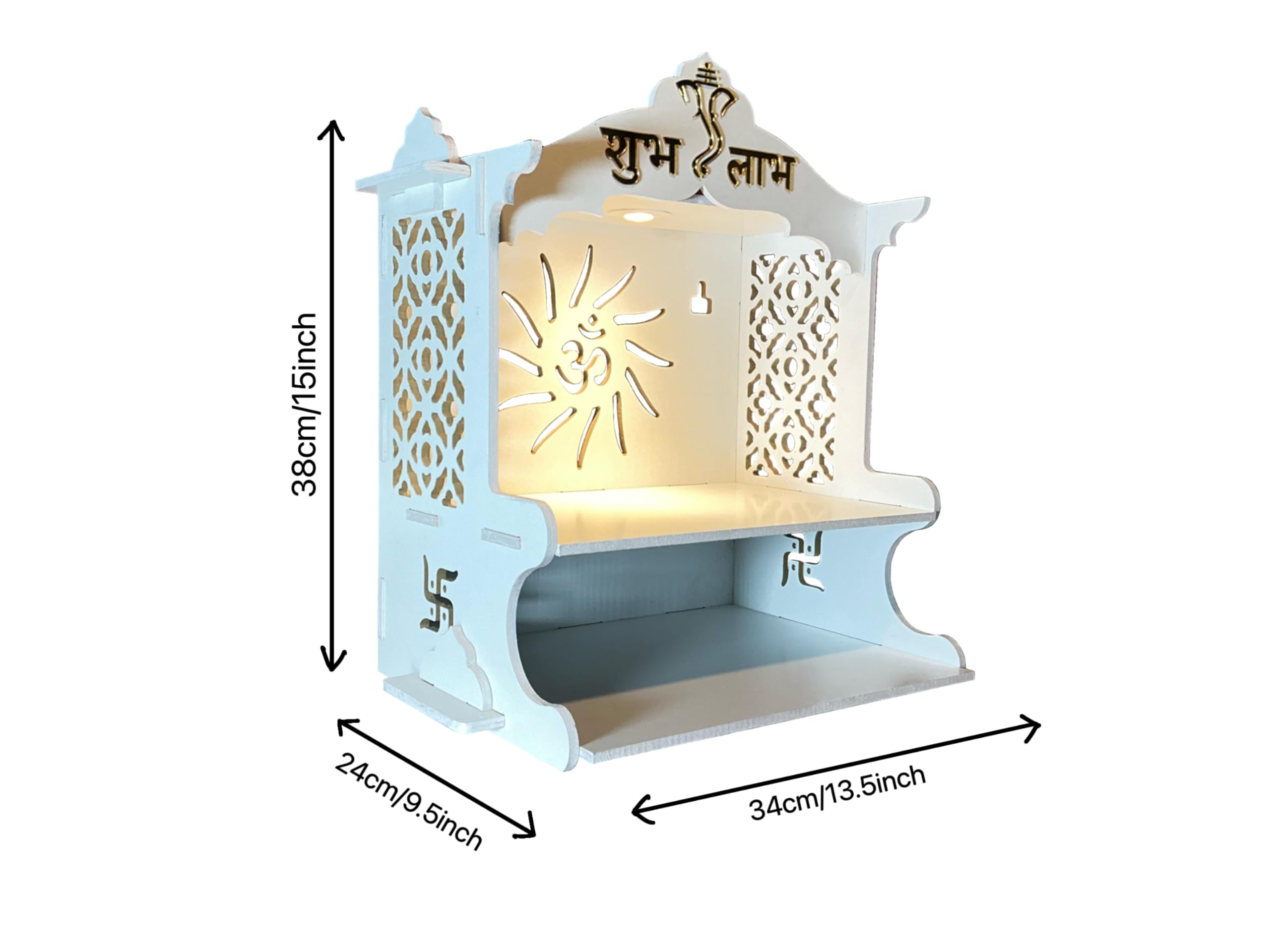Mandir Temple for Home, Office and Shop,Size (H-15 inch, L-9.5 inch, W-13.5 inch) | Wall Hanging | Free Standing | 6mm Thick Double Laminated Board with spot Light and 5 feet Cable