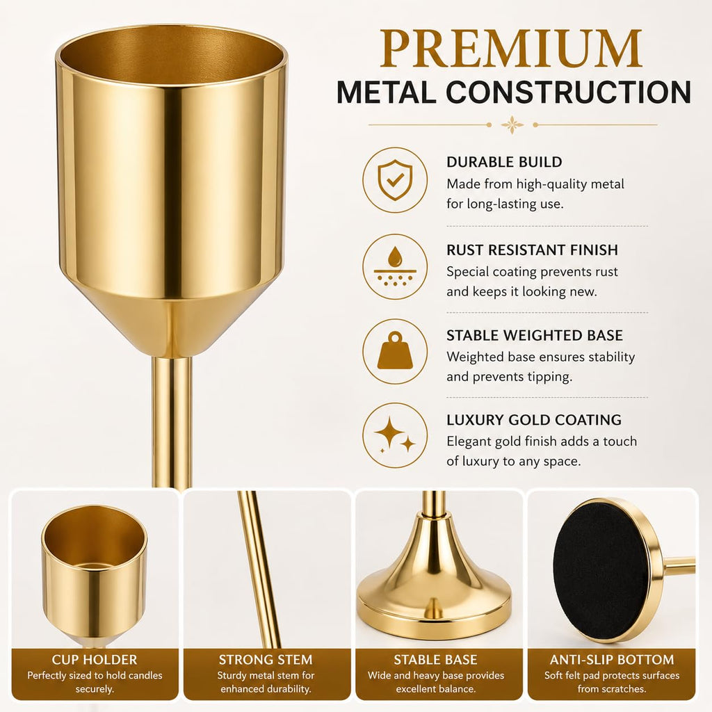b2 3-Piece Gold Metal Candle Holder Set for Taper Candles, Modern Decorative Candlestick Holders for Dining Table, Wedding Centerpieces, Home Decor & Romantic Dinner Decoration (Gold)