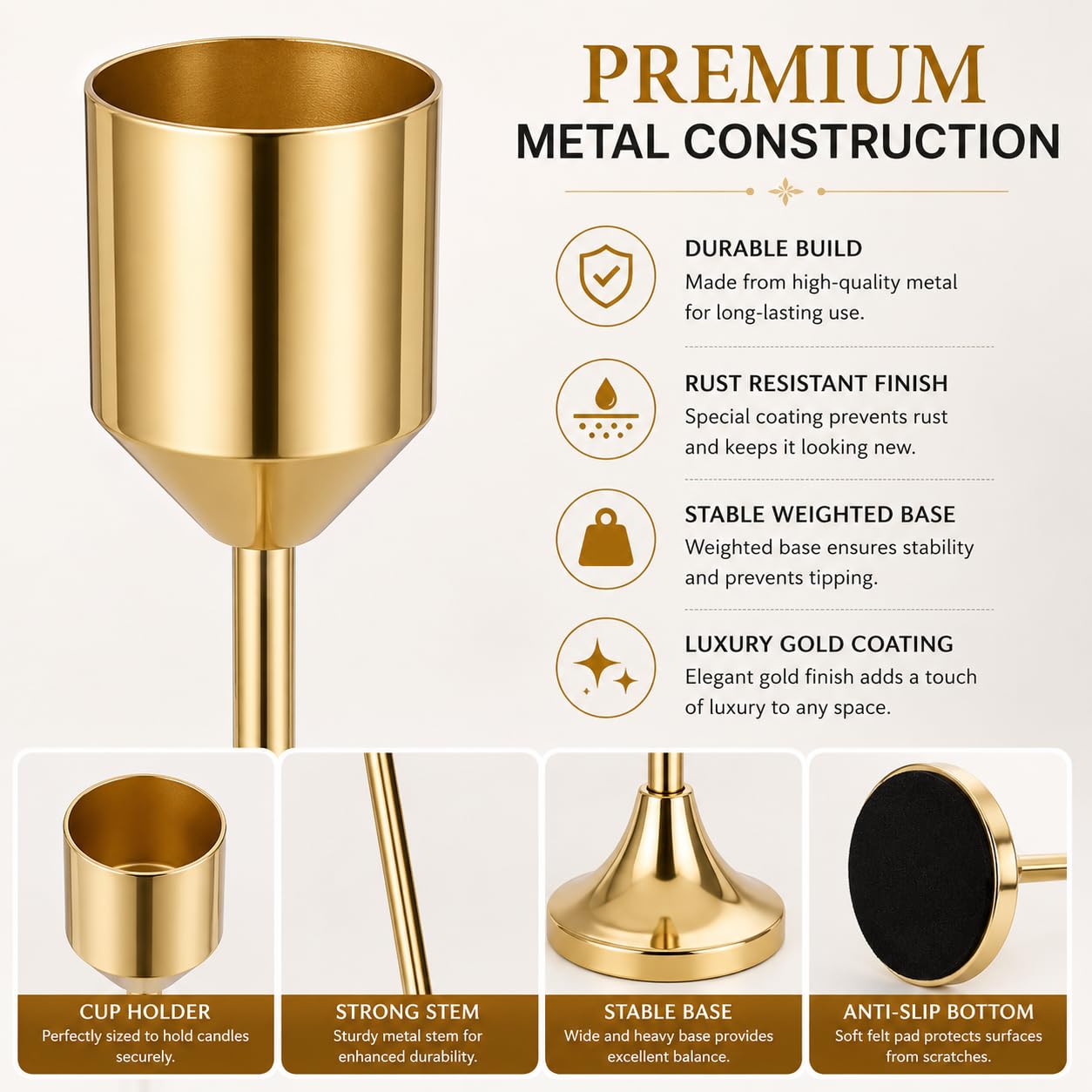b2 3-Piece Gold Metal Candle Holder Set for Taper Candles, Modern Decorative Candlestick Holders for Dining Table, Wedding Centerpieces, Home Decor & Romantic Dinner Decoration (Gold)