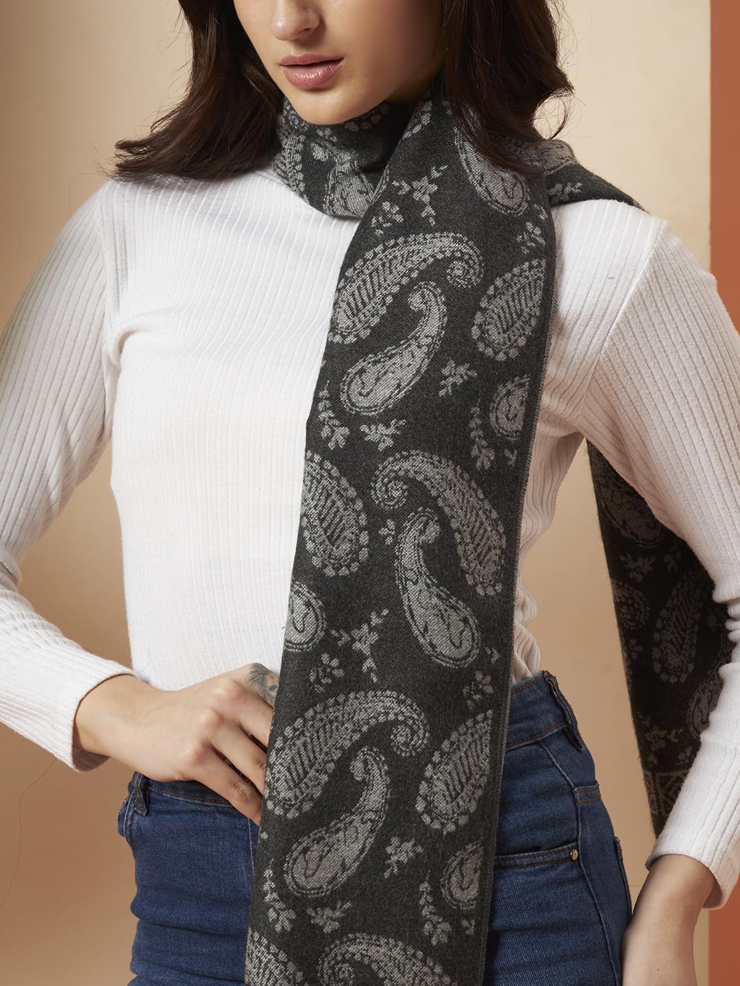 Ravaiyaa - Attitude is everything Women's Winter Warm Scarf Cashmere Reversible Wool Muffler Paisley Design (Grey Paisley)