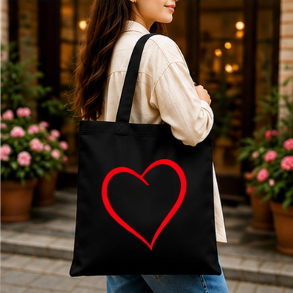 Adorvue New Launch Black Canvas Tote Bag for Women with Minimalist Red Heart Print Art | Premium Cotton Reusable Shopping Shoulder Bag | Cute Eco-Friendly Tote for College, Office, Travel & Daily Use