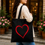 Adorvue New Launch Black Canvas Tote Bag for Women with Minimalist Red Heart Print Art | Premium Cotton Reusable Shopping Shoulder Bag | Cute Eco-Friendly Tote for College, Office, Travel & Daily Use