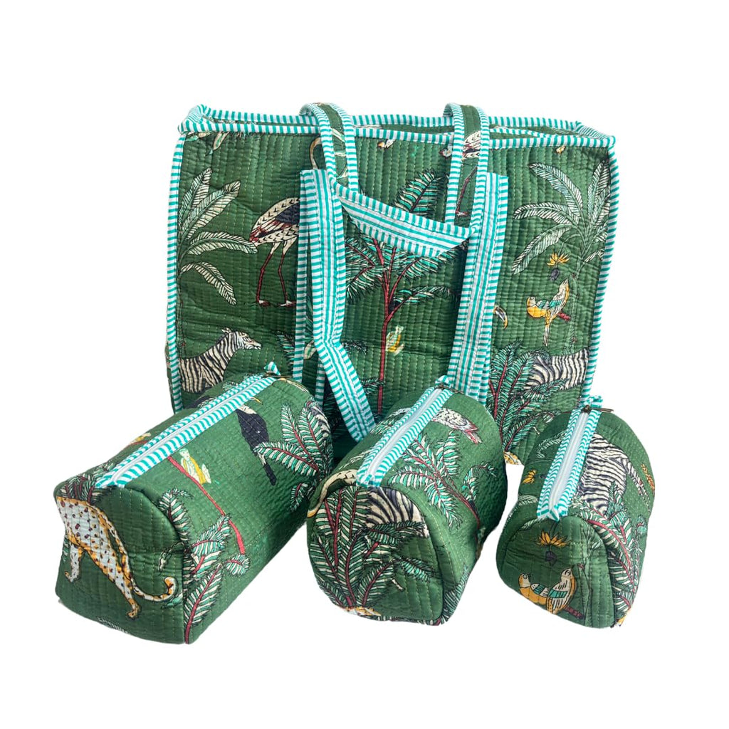 The House of RajPadmini Premium Cotton Quilted Shopping Tote Bag with 3 Travel Pouches Set (Animal Print Green)