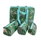 The House of RajPadmini Premium Cotton Quilted Shopping Tote Bag with 3 Travel Pouches Set (Animal Print Green)