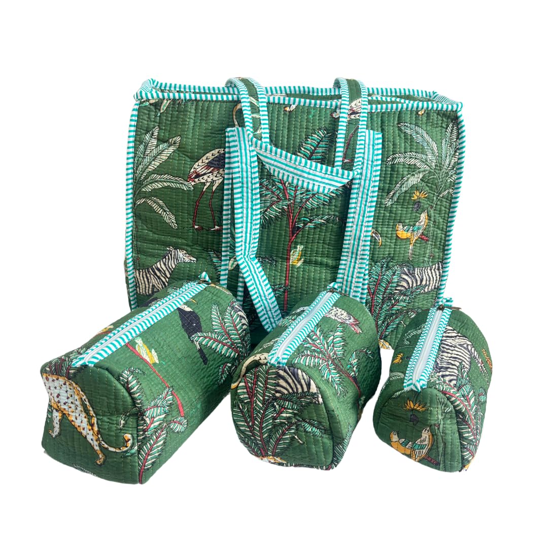 The House of RajPadmini Premium Cotton Quilted Shopping Tote Bag with 3 Travel Pouches Set (Animal Print Green)