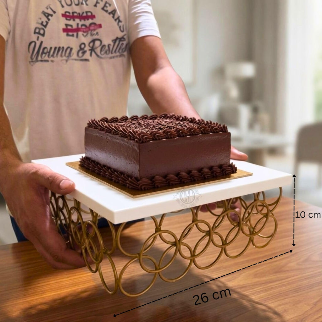 DSH Metal Cake Stand Gold and White 10 Inch Multipurpose Display Stand for Birthday and Wedding Party Suitable for 2 Pound Cake.