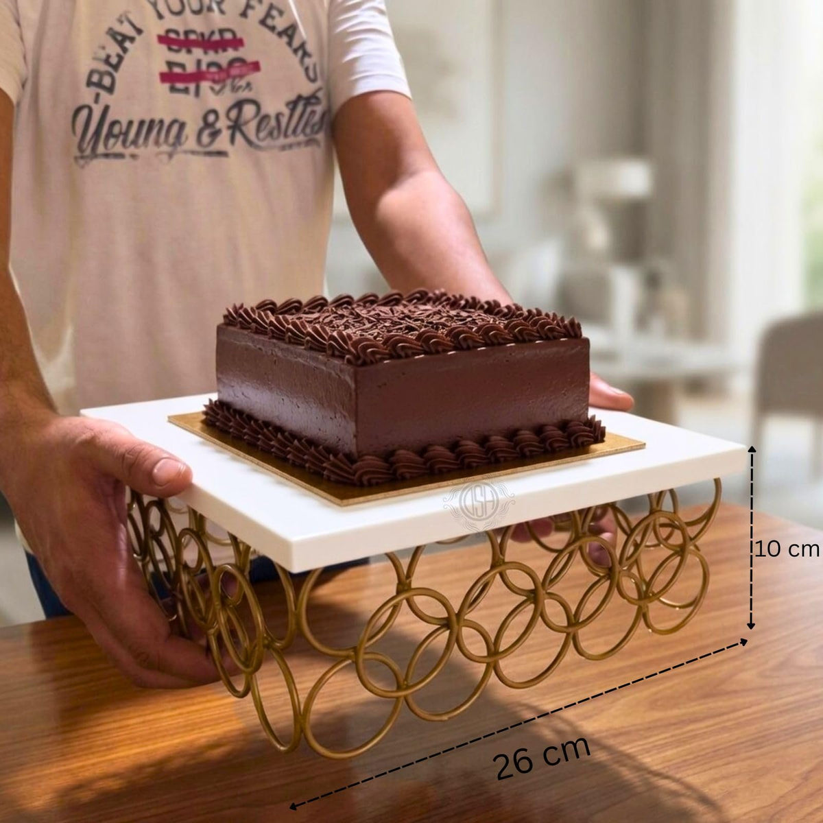 DSH Metal Cake Stand Gold and White 10 Inch Multipurpose Display Stand for Birthday and Wedding Party Suitable for 2 Pound Cake.