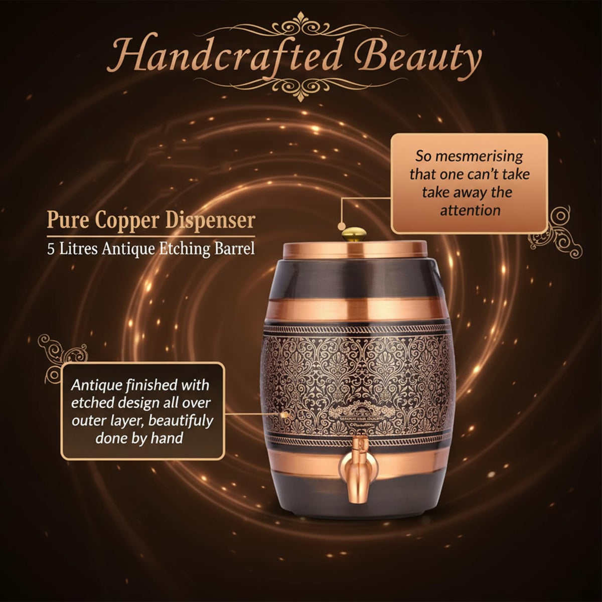 cWc Pure Copper Water Dispenser 5 Litre | Handcrafted Antique Engraved Copper Barrel | Ayurvedic Water Storage Pot | Traditional Copper Water Tank for Home, Kitchen & Office