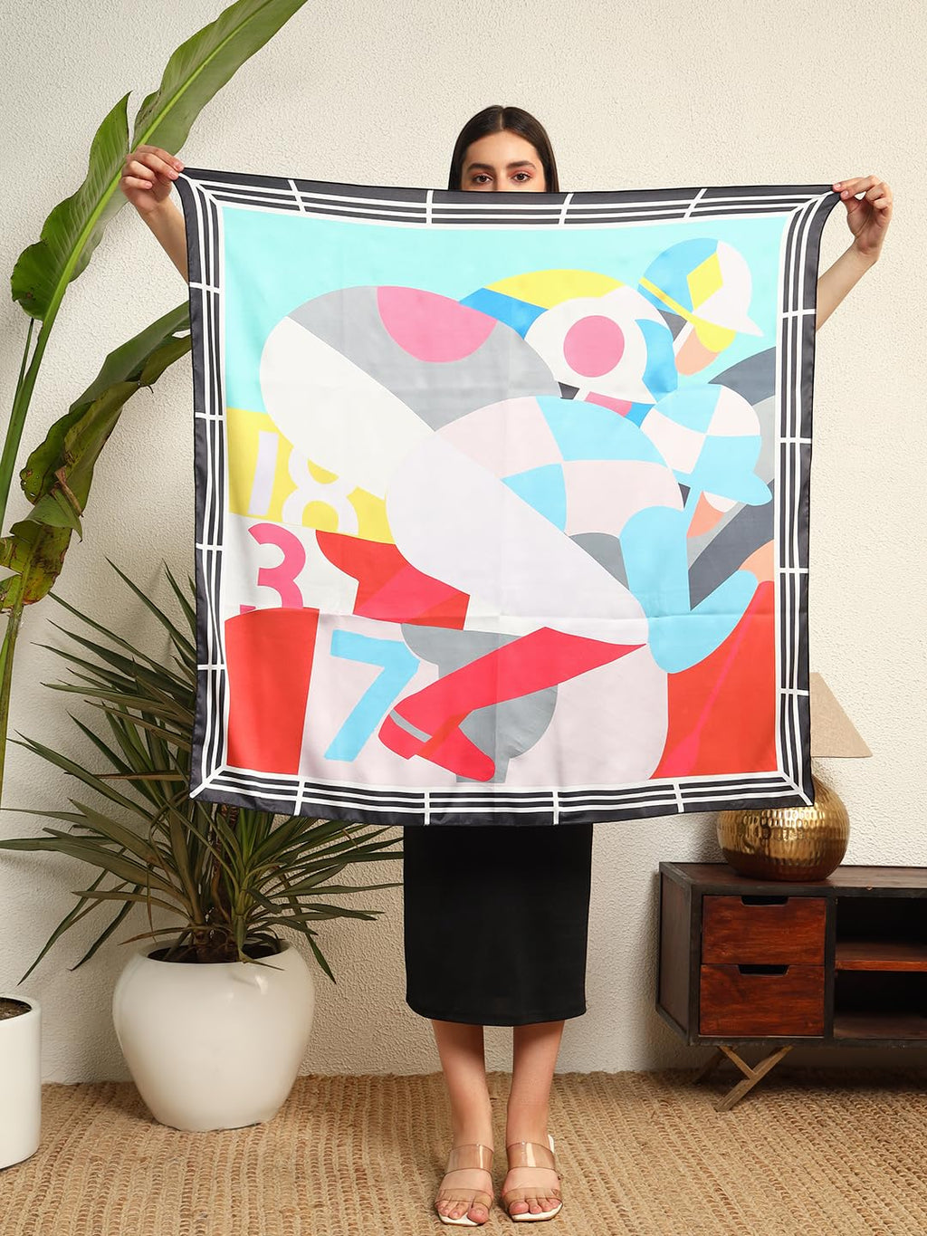 Ravaiyaa - Attitude is everything Women's Crepe Silk Digital Print Large Square Scarf Breathable Lightweight Neckerchief Printed Headscarf 40 x 40 Inch (White & Black Horse Riding)