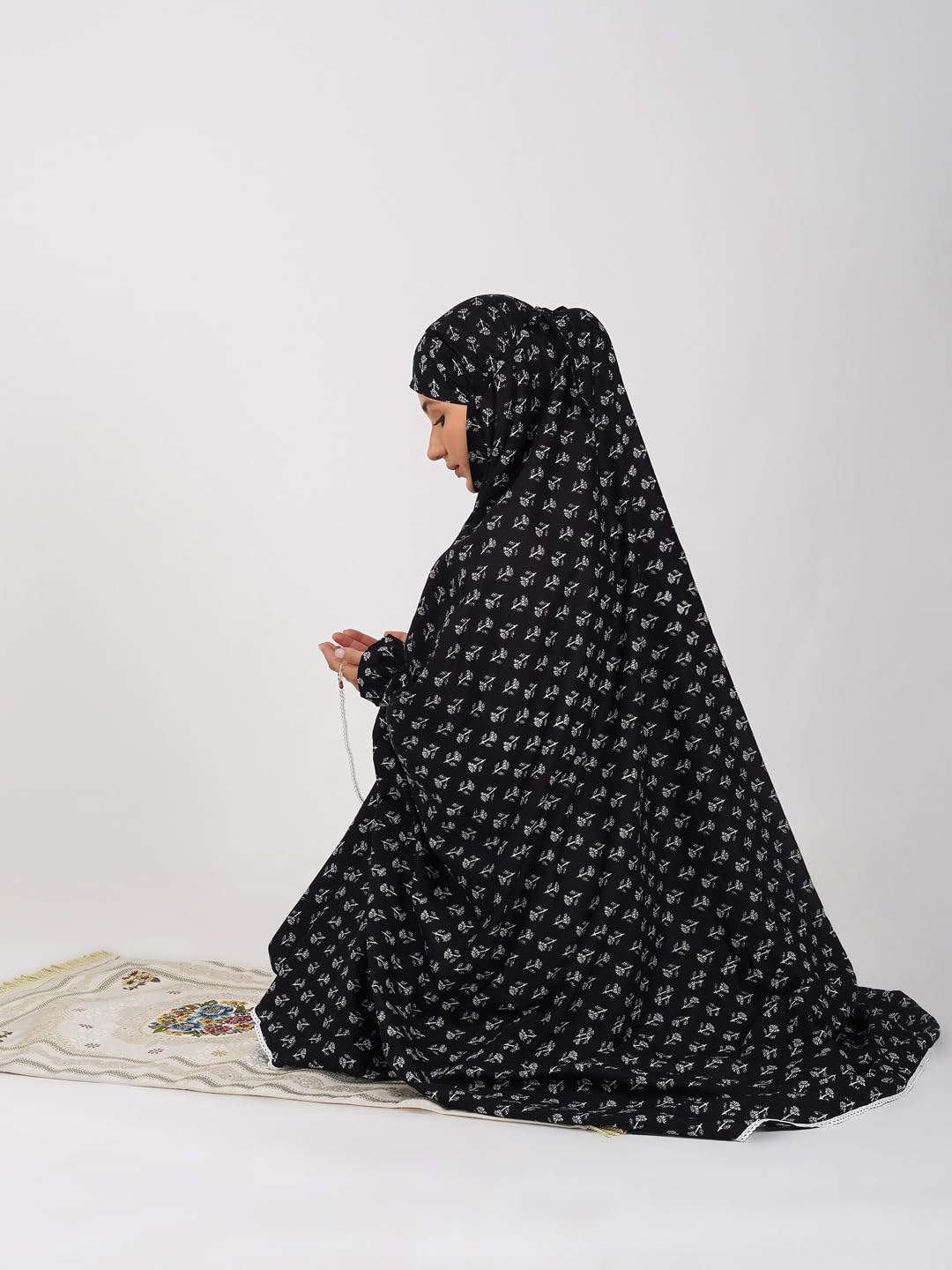 ANA Eshaal Black Floral Prayer Dress – Pure Cotton Prayer Dress with Tie Knot, 50″ Front × 58″ Back | Attached Sleeves | Lightweight, Breathable for Hajj, Umrah & Salah