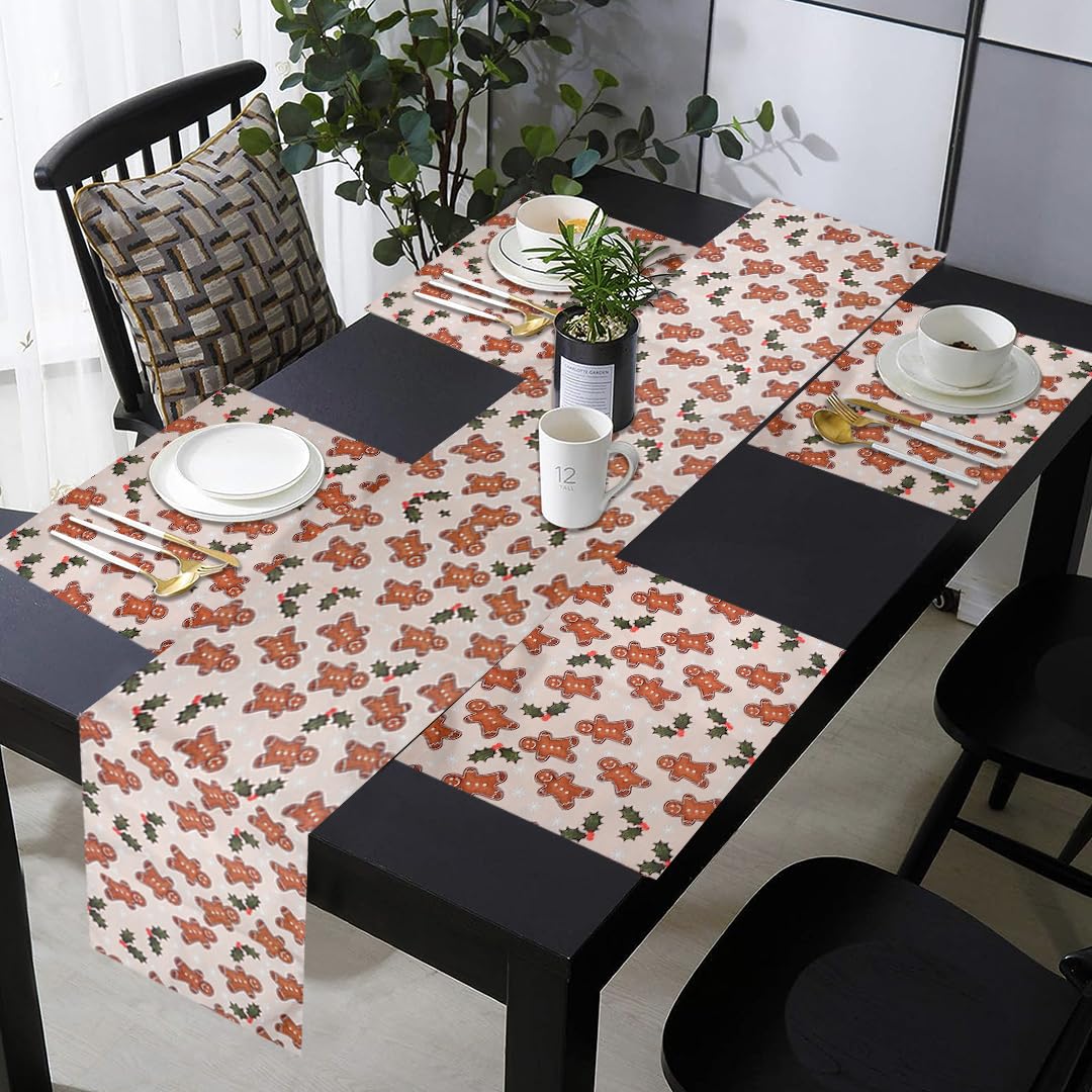 PRAKARTIK BY INDUARTS Dining Table Mats Set of 4 with 135 cm Runner - Gingerbread Man Theme,Digital Print, Washable, Indoor/Outdoor, Heat-Proof, Wipe & Clean (47X33 cm) Cream & Brown Kafalo