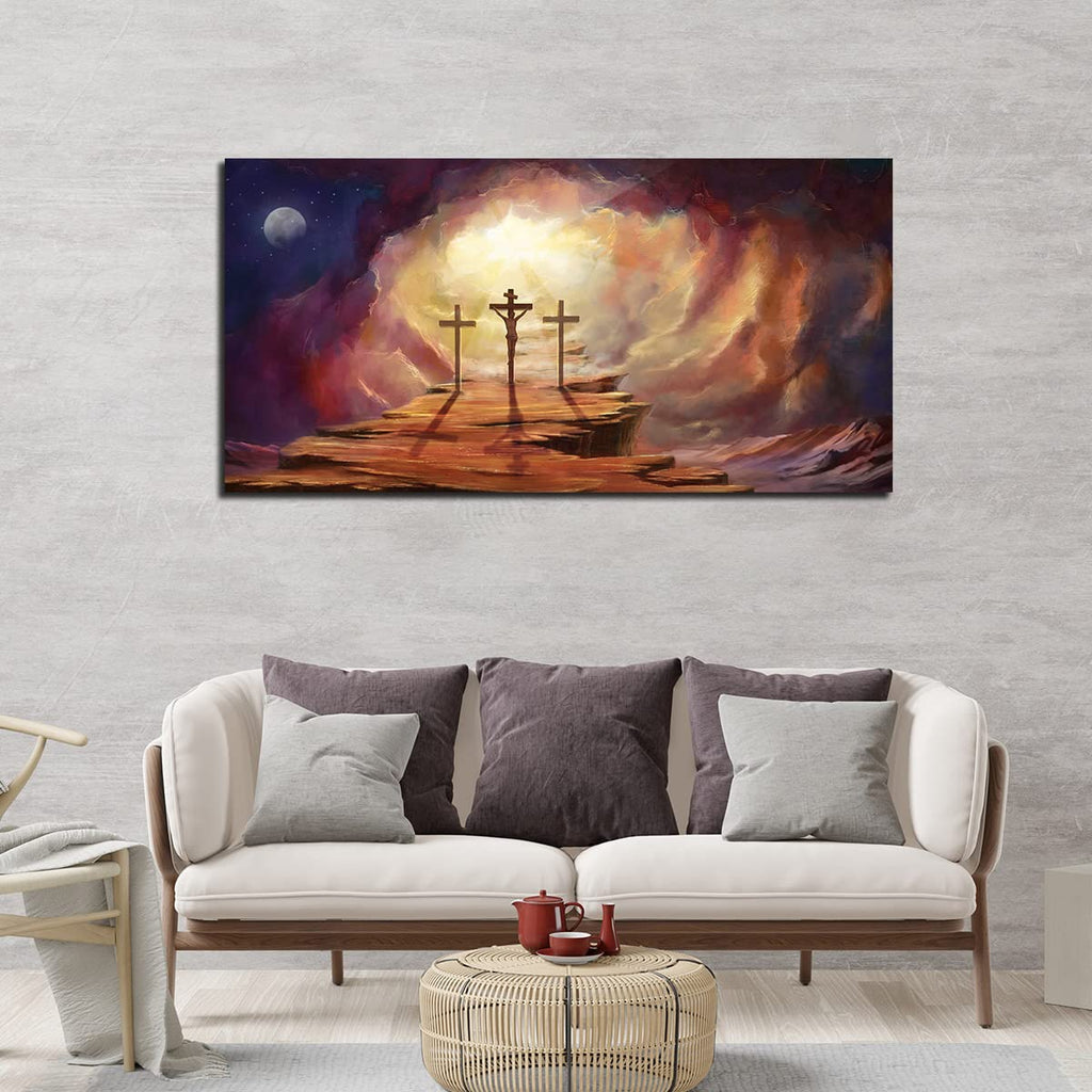 VIBECRAFTS Canvas Paintings for Living Room Drawing Room Premium Wall Painting of Jesus Cross with Moon Dark Background Fitted with Wooden Frame for Home|Office|Gift(PTVCH_2299NV)