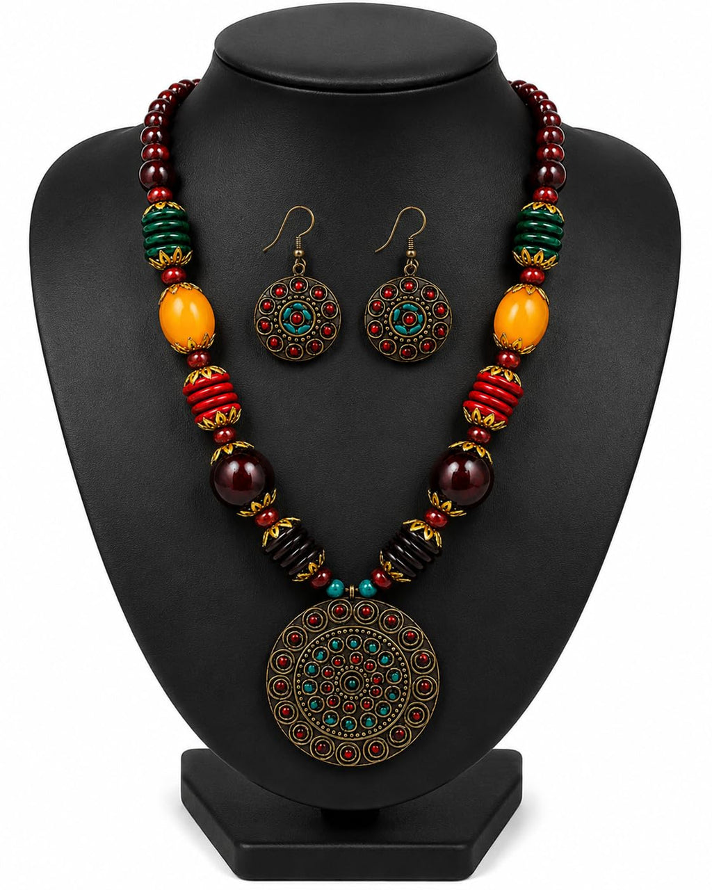 PRIMENEST Handmade Multicolor Afghani Tribal Necklace Set for Women & Girls | Antique Pendant Statement Jewelry with Earrings | Boho Ethnic Fashion Jewellery for Party, Wedding, Festival Traditional