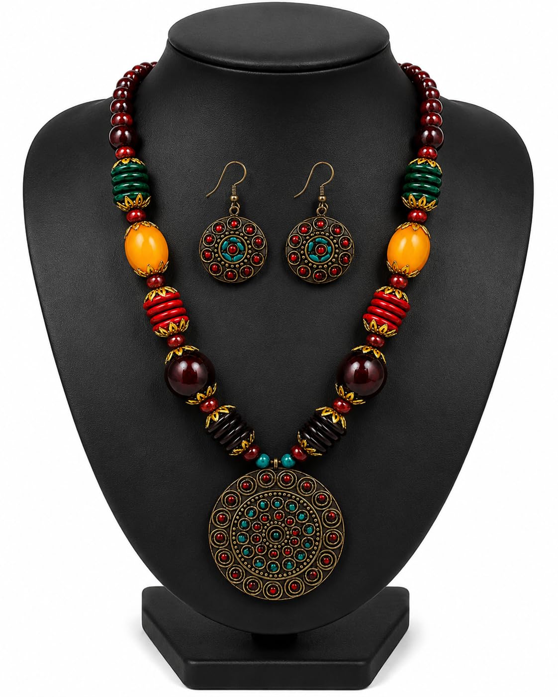 PRIMENEST Handmade Multicolor Afghani Tribal Necklace Set for Women & Girls | Antique Pendant Statement Jewelry with Earrings | Boho Ethnic Fashion Jewellery for Party, Wedding, Festival Traditional