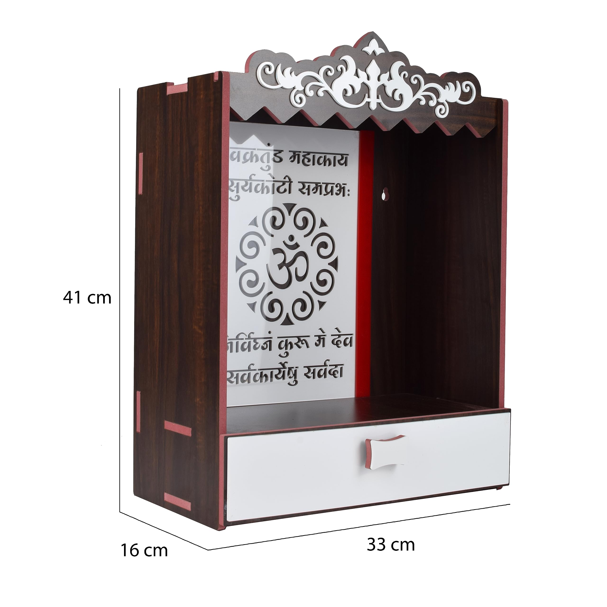 YIXT Premium Carved Wooden Pooja Mandir with Gopuram & Drawer for Home & Office | Temple with Top Dome & LED Light | MDF Material